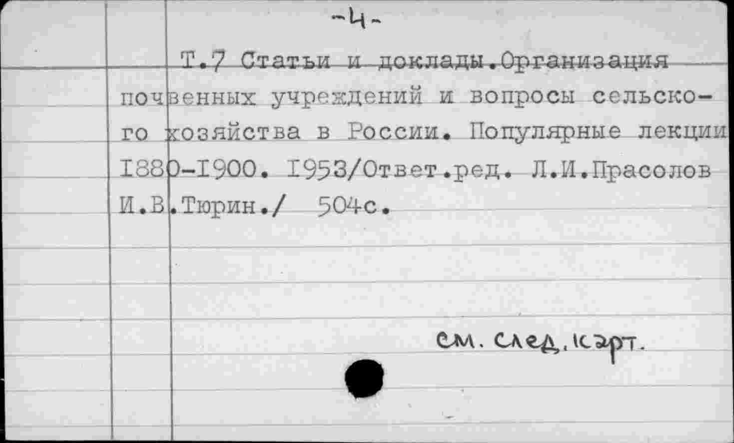 ﻿г		~Ц~
		Т.7 Птлтьи И ПОКЛЯ Дм . ^ргяниэ ация
	ПОЧ	венных учреждений и вопросы сельско-
	ГО	хозяйства в России. Популярные лекции
	138	3-1900. 1953/Ответ.ред. Л.И.Прасолов
	И.В	. Ткгоин. / 504-с.
		
		.	 См. СЛ «Д. 1СЭрт.
		
		